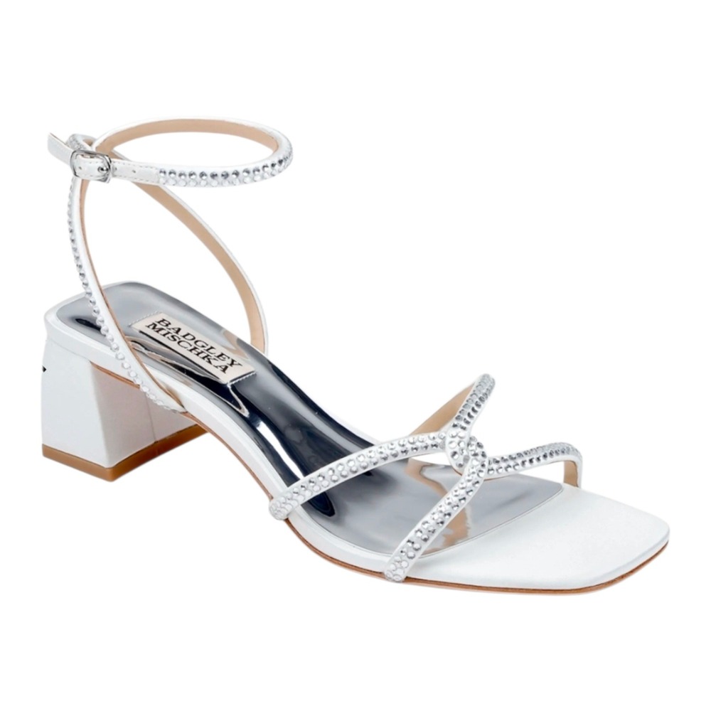 Badgley Mischka Brisa Strass White Satin Rhinestone Block Heel Sandals 7.5 $225